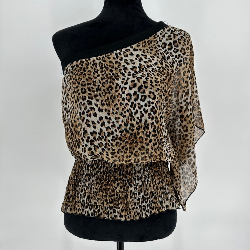 Y2K Hot‎ Tempered Leopard One Shoulder Sheer Chiffon Blouse Top Smocked Sz Large